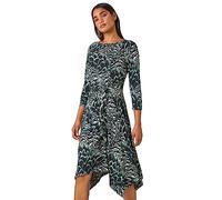 Roman Originals Leaf Print Tie Waist Hanky Hem Dress for Women UK - Ladies Everyday Holiday Spring Summer Round Neckline Comfy Soft Evening Vacation Work Party - Black Green - Size 20