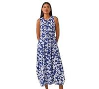Roman Originals Leaf Print Tie Waist Midi Dress for Women UK - Ladies Everyday Holiday Spring Summer Round Neckline Comfy Soft Evening Vacation Work Party - Navy - Size 12