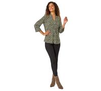 Roman Originals Leaf V Neck Stretch Jersey Top for Women UK Ladies Pleated Shirt Notch V Neck Blouse Summer Tunic Spring Pull-On Soft Evening Holiday Work Party Everyday - Green Khaki - Size 12