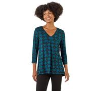 Roman Originals Leaf V Neck Stretch Jersey Top for Women UK Ladies Pleated Shirt Notch V Neck Blouse Summer Tunic Spring Pull-On Soft Evening Holiday Work Party Everyday - Blue Noir - Size 18