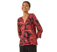 Roman Originals Leaf V Neck Stretch Jersey Top for Women UK Ladies Pleated Shirt Notch V Neck Blouse Summer Tunic Spring Pull-On Soft Evening Holiday Work Party Everyday - Red Noir - Size 18