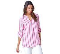 Roman Originals Leaf V Neck Stretch Jersey Top for Women UK Ladies Pleated Shirt Notch V Neck Blouse Summer Tunic Spring Pull-On Soft Evening Holiday Work Party Everyday - Pink & White - Size 12