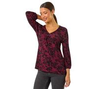 Roman Originals Leaf V Neck Stretch Jersey Top for Women UK Ladies Pleated Shirt Notch V Neck Blouse Summer Tunic Spring Pull-On Soft Evening Holiday Work Party Everyday - Wine - Size 20