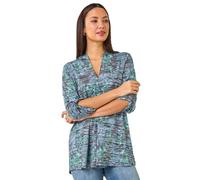 Roman Originals Leaf V Neck Stretch Jersey Top for Women UK Ladies Pleated Shirt Notch V Neck Blouse Summer Tunic Spring Pull-On Soft Evening Holiday Work Party Everyday - Blue Multi - Size 10