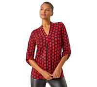 Roman Originals Leaf V Neck Stretch Jersey Top for Women UK Ladies Pleated Shirt Notch V Neck Blouse Summer Tunic Spring Pull-On Soft Evening Holiday Work Party Everyday - Onyx Red - Size 14