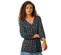 Roman Originals Leaf V Neck Stretch Jersey Top for Women UK Ladies Pleated Shirt Notch V Neck Blouse Summer Tunic Spring Pull-On Soft Evening Holiday Work Party Everyday - Teal - Size 12