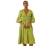 Roman Originals Linen Look Shirred Midi Dress for Women UK - Ladies Everyday Holiday Spring Summer V-Neckline Comfy Soft Evening Vacation Work Party - Lime - Size 14