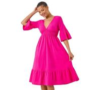 Roman Originals Linen Look Shirred Midi Dress for Women UK - Ladies Everyday Holiday Spring Summer V-Neckline Comfy Soft Evening Vacation Work Party - Fuchsia - Size 16