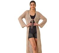 Roman Originals Longline Tie Cotton Blend Knit Cardigan for Women UK - Ladies Everyday Holiday Spring Summer Comfy Soft Evening Vacation Work Party - Natural - Size 12
