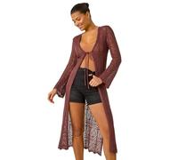 Roman Originals Longline Tie Cotton Blend Knit Cardigan for Women UK - Ladies Everyday Holiday Spring Summer Comfy Soft Evening Vacation Work Party - Chocolate - Size 20