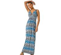 Roman Originals Maxi Dress for Women UK Ladies Twist Knot Front Empire Waist Summer Party Casual Holiday Bohemian Beach Cruise Evening Long Sleeveless V Neck Jersey - Blue Geometric - Size 20