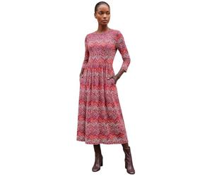 Roman Originals Maxi Dress with Pockets for Women UK Ladies Stretchy Jersey Midi Elasticated Gathered High Waist Skater Swing Fit Flare Office Work Smart Casual Boho - Red Zig Zag - Size 16