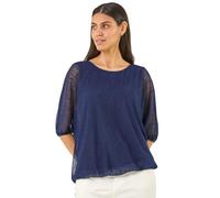 Roman Originals Mesh Bubble Hem Stretch Top for Women UK - Ladies Everyday Holiday Spring Summer Round Neckline Comfy Soft Evening Vacation Work Party - Bubble Navy - Size 16