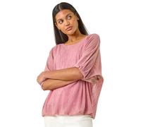 Roman Originals Mesh Bubble Hem Stretch Top for Women UK - Ladies Everyday Holiday Spring Summer Round Neckline Comfy Soft Evening Vacation Work Party - Pink - Size 12