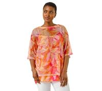 Roman Originals Mesh Overlay Floral Print Blouse for Women UK - Ladies Smart Top Casual T-Shirt Summer Spring Flower Printed Mesh Layer Stretch Jersey Comfy Tee Shirt - Orange - Size 16