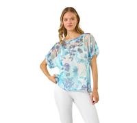 Roman Originals Mesh Overlay Floral Print Blouse for Women UK - Ladies Smart Top Casual T-Shirt Summer Spring Flower Printed Mesh Layer Stretch Jersey Comfy Tee Shirt - Floral Blue - Size 18