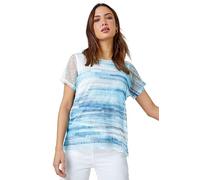 Roman Originals Mesh Overlay Floral Print Blouse for Women UK - Ladies Smart Top Casual T-Shirt Summer Spring Flower Printed Mesh Layer Stretch Jersey Comfy Tee Shirt - Pale Blue - Size 20