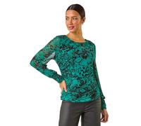 Roman Originals Mesh Print Detail Stretch Top for Women UK - Ladies Everyday Autumn Winter Round Neckline Comfy Soft Evening Vacation Work Party Night Out - Green - Size 18