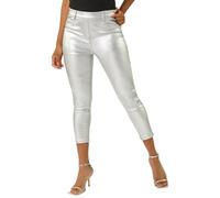 Roman Originals Metallic Coated Crop Jeggings for Women UK - Ladies Everyday Holiday Spring Summer Comfy Soft Evening Vacation Work Party - Silver - Size 16