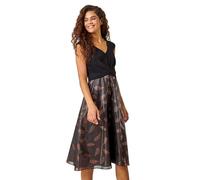Roman Originals Metallic Feather Print Skater Dress for Women UK - Ladies Everyday Autumn Winter V-Neckline Comfy Soft Evening Vacation Work Party Night Out - Bronze - Size 12