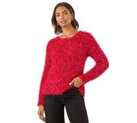 Roman Originals Metallic Fluffy Knit Jumper for Women UK - Ladies Everyday Autumn Winter Crew Neckline Comfy Soft Evening Vacation Work Party Night Out - Red - Size 12