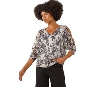 Roman Originals Metallic Plisse Banded Hem Top for Women UK - Ladies Everyday Autumn Winter V-Neckline Comfy Soft Evening Vacation Work Party Night Out - Grey - Size 14
