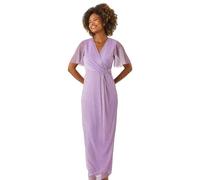 Roman Originals Metallic Plisse Bodycon Maxi Dress for Women UK - Ladies Everyday Holiday Spring Summer V-Neckline Comfy Soft Evening Vacation Work Party - Lilac - Size 20