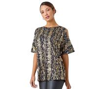 Roman Originals Metallic Print Cold Shoulder Stretch Top for Women UK - Ladies Everyday Autumn Winter Round Neckline Comfy Soft Evening Vacation Work Party Night Out - Black - Size 16