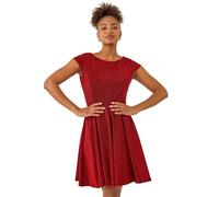 Roman Originals Metallic Stretch Flare Dress for Women UK - Ladies Everyday Autumn Winter Round Neckline Comfy Soft Evening Vacation Work Party Night Out - Red - Size 18