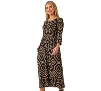Roman Originals Midi Dress with Pockets for Women UK Ladies Stretchy Jersey Maxi Long 3/4 Length Sleeve Gathered High Waist Boho Flattering Skater Swing Fit Flare - Petite Camel - Size 14