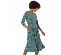 Roman Originals Midi Dress with Pockets for Women UK Ladies Stretchy Jersey Maxi Long 3/4 Length Sleeve Gathered High Waist Boho Flattering Skater Swing Fit Flare - Abstract Green - Size 20