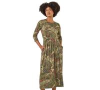Roman Originals Midi Dress with Pockets for Women UK Ladies Stretchy Jersey Maxi Long 3/4 Length Sleeve Gathered High Waist Boho Flattering Skater Swing Fit Flare - Paisley Khaki - Size 14