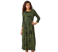 Roman Originals Midi Dress with Pockets for Women UK Ladies Stretchy Jersey Maxi Long 3/4 Length Sleeve Gathered High Waist Boho Flattering Skater Swing Fit Flare - Khaki Black - Size 12