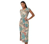 Roman Originals Midi Dress with Pockets for Women UK Ladies Stretchy Jersey Maxi Long 3/4 Length Sleeve Gathered High Waist Boho Flattering Skater Swing Fit Flare - Paisley Light Blue - Size 18