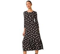 Roman Originals Midi Dress with Pockets for Women UK Ladies Stretchy Jersey Maxi Long 3/4 Length Sleeve Gathered High Waist Boho Flattering Skater Swing Fit Flare - Black Green - Size 18