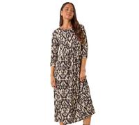 Roman Originals Midi Dress with Pockets for Women UK Ladies Stretchy Jersey Maxi Long 3/4 Length Sleeve Gathered High Waist Boho Flattering Skater Swing Fit Flare - Petite Aztec Noir - Size 14