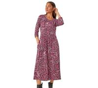 Roman Originals Midi Dress with Pockets for Women UK Ladies Stretchy Jersey Maxi Long 3/4 Length Sleeve Gathered High Waist Boho Flattering Skater Swing Fit Flare - Petite Paisley Purple - Size 16