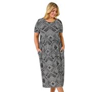 Roman Originals Midi Dress with Pockets for Women UK Ladies Stretchy Jersey Maxi Long 3/4 Length Sleeve Gathered High Waist Boho Flattering Skater Swing Fit Flare - Black Plus - Size 22