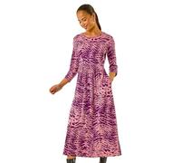 Roman Originals Midi Dress with Pockets for Women UK Ladies Stretchy Jersey Maxi Long 3/4 Length Sleeve Gathered High Waist Boho Flattering Skater Swing Fit Flare - Petite Purple Pink - Size 12