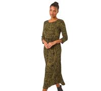 Roman Originals Midi Dress with Pockets for Women UK Ladies Stretchy Jersey Maxi Long 3/4 Length Sleeve Gathered High Waist Boho Flattering Skater Swing Fit Flare - Olive - Size 12