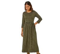 Roman Originals Midi Dress with Pockets for Women UK Ladies Stretchy Jersey Maxi Long 3/4 Length Sleeve Gathered High Waist Boho Flattering Skater Swing Fit Flare - Khaki - Size 16
