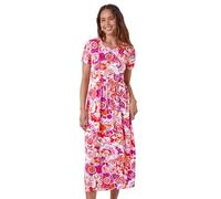 Roman Originals Midi Dress with Pockets for Women UK Ladies Stretchy Jersey Maxi Long Short Sleeve Elasticated Gathered High Waist Boho Flattering Skater Swing Fit Flare - Petite Pink White - Size 14
