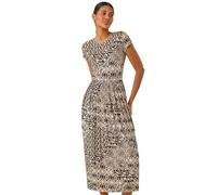 Roman Originals Midi Dress with Pockets for Women UK Ladies Stretchy Jersey Maxi Long Short Sleeve Elasticated Gathered High Waist Boho Flattering Skater Swing Fit Flare - Abstract Black - Size 14