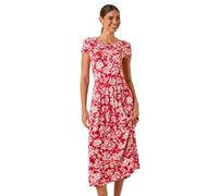 Roman Originals Midi Dress with Pockets for Women UK Ladies Stretchy Jersey Maxi Long Short Sleeve Elasticated Gathered High Waist Boho Flattering Skater Swing Fit Flare - Floral Red - Size 20
