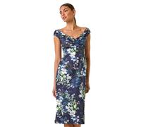 Roman Originals Off The Shoulder Floral Dress for Women UK - Ladies Everyday Holiday Spring Summer V-Neckline Comfy Soft Evening Vacation Work Party - Navy - Size 12