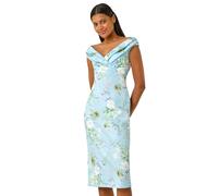 Roman Originals Off The Shoulder Floral Dress for Women UK - Ladies Everyday Holiday Spring Summer V-Neckline Comfy Soft Evening Vacation Work Party - Blue - Size 20