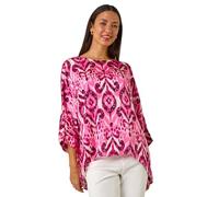 Roman Originals Overlay Top for Women UK - Ladies Summer Blouse Spring Everyday Holiday Autumn Work Winter Round Neckline Comfy Pull-On Soft Vacation 3/4 Length Sleeves - Ikat Pink - Size 14