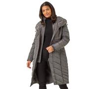 Roman Originals Padded Coat for Women UK - Ladies Longline Puffer Winter Quilted Parka Waterproof Rainproof Wind Resistant Thermal Jacket Long Length Warm Zip Hood Puffa Cosy - Charcoal - Size 20