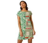 Roman Originals Paisley Print Smocked T-Shirt Dress for Women UK - Ladies Everyday Holiday Spring Summer Round Neckline Comfy Soft Evening Vacation Work Party - Green - Size 16