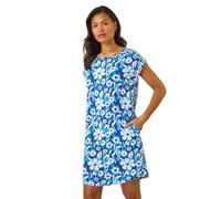 Roman Originals Paisley Print Smocked T-Shirt Dress for Women UK - Ladies Everyday Holiday Spring Summer Round Neckline Comfy Soft Evening Vacation Work Party - Blue Floral - Size 10